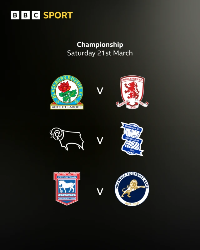 The early three Championshpio fixtures shown using the clubs' badges