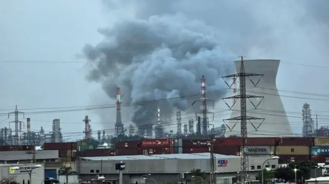 Smoke rises from an oil refinery that was damaged in an Iranian attack, amid the U.S.-Israel conflict with Iran, in Haifa, Israel March 19, 2026
