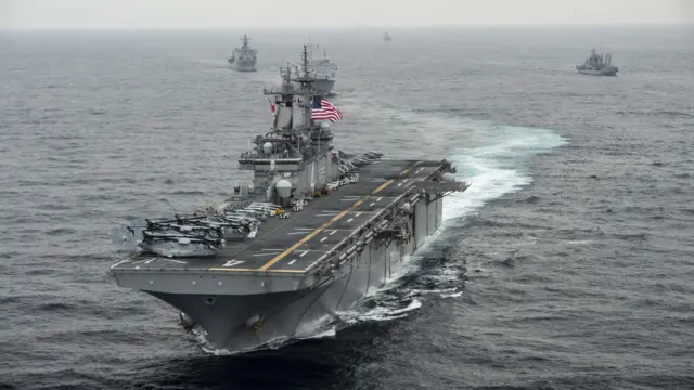 In this handout photo provided by the U.S. Navy, the amphibious assault ship USS Boxer (LHD 4) transits the East Sea on March 8, 2016