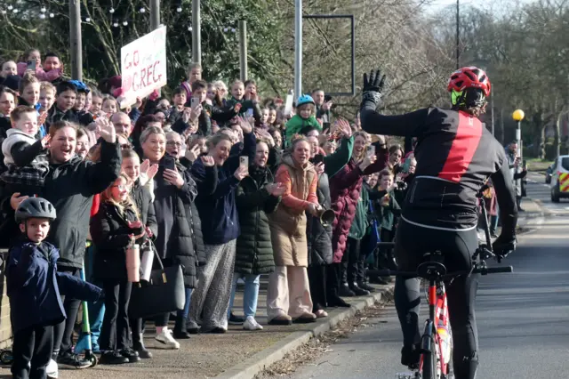 Greg James waves at crowds on Day 3 of his challenge