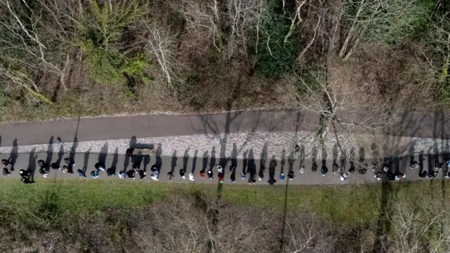 A birds-eye view of dozens of people queuing on a footpath through a forested area.