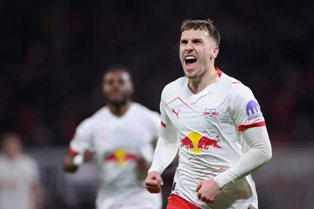 Leipzig's German midfielder Brajan Gruda celebrates scoring
