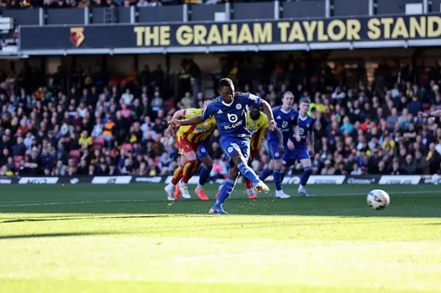 Patson Daka of Leicester City's penalty hits the post