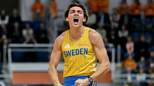 Armand Duplantis of Sweden celebrates