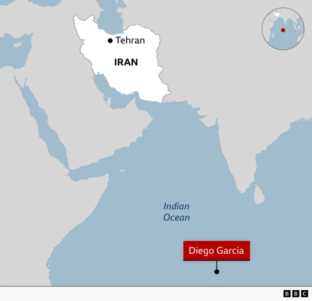 A map showing the location of Iran and the island of Diego Garcia. Iran is highlighted in white with Tehran marked by a black dot. Diego Garcia is labelled in red in the central Indian Ocean, far south of Iran