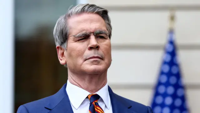 US Treasury Secretary Scott Bessent looks on as he speaks to the media on 16 March 2026.