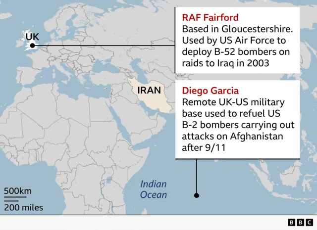 The image is a labelled map showing parts of Europe, Africa, and the Middle East, highlighting connections between the UK, Iran, and military bases used by the United States.