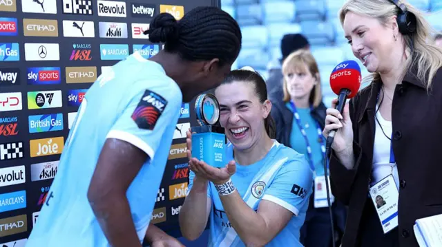 : Khadija Shaw of Manchester City is presented the Barclays WSL Player Of The Match award