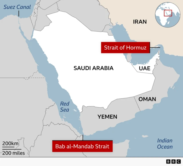 A map shows the Bab al-Mandab Strait sat at a chokehold between Yemen and Djibouti. It also highlights the Strait of Hormuz at a chokehold between Iran and the UAE