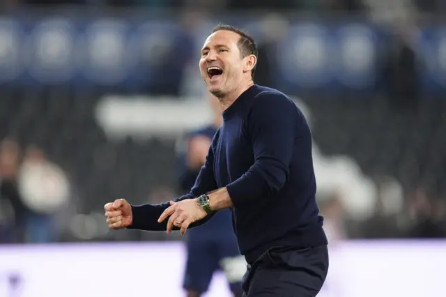 Boss Frank Lampard celebrates Coventry's win at Swansea