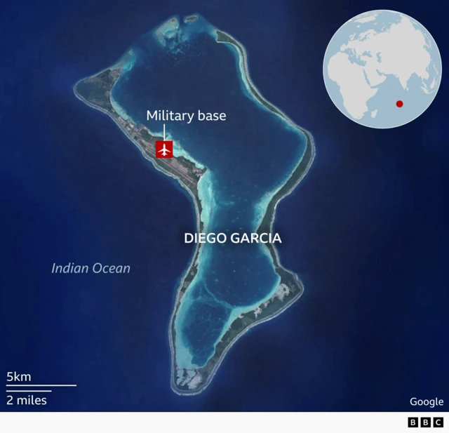 Satellite-style map of Diego Garcia, an island in the Indian Ocean. The island is shown in shades of blue and green, with a label marking a ‘Military base’ near the northwest side, indicated by an airplane icon. A small inset map in the upper-right corner shows Diego Garcia’s location as a red dot in the central Indian Ocean