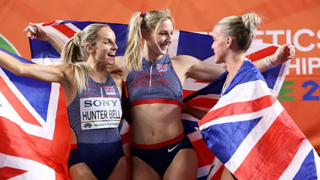 Gold medallists Georgia Hunter Bell, Molly Caudery and Keely Hodgkinson