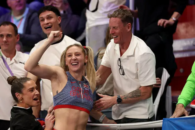 Molly Caudery celebrates with father Stuart Caudery
