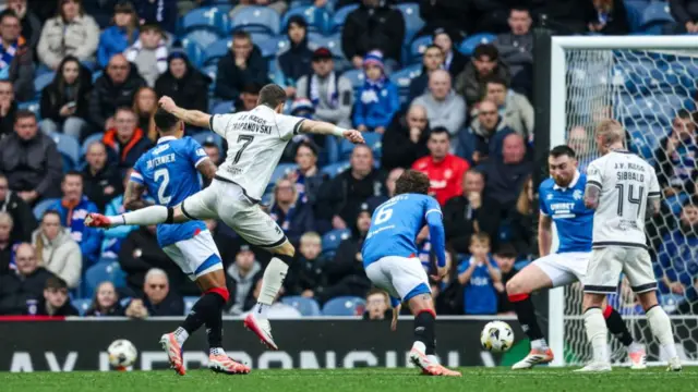 Kristijan Trapanovski scores for Dundee United against Rangers