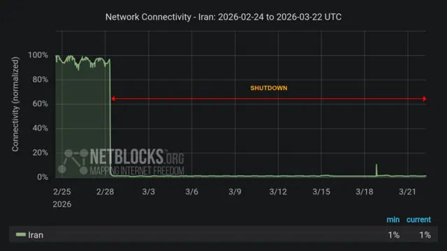 A graphic shows the internet connectivity plummeting on 28 February and remaining just above 0% since then