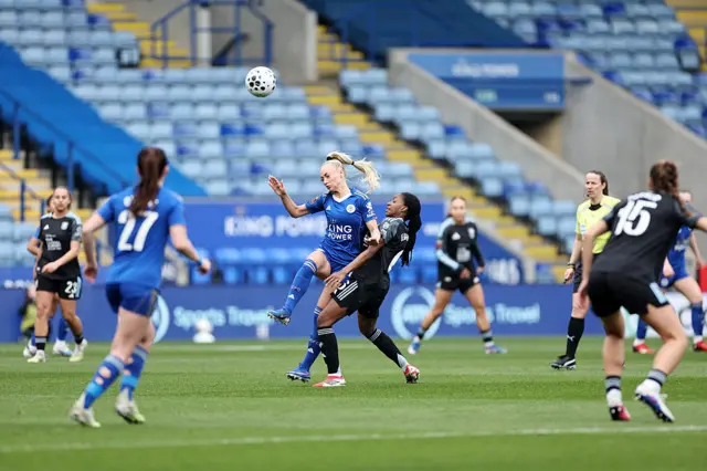 Alisha Lehmann of Leicester City Women in action with Oriane Jean-François of Aston Villa Women
