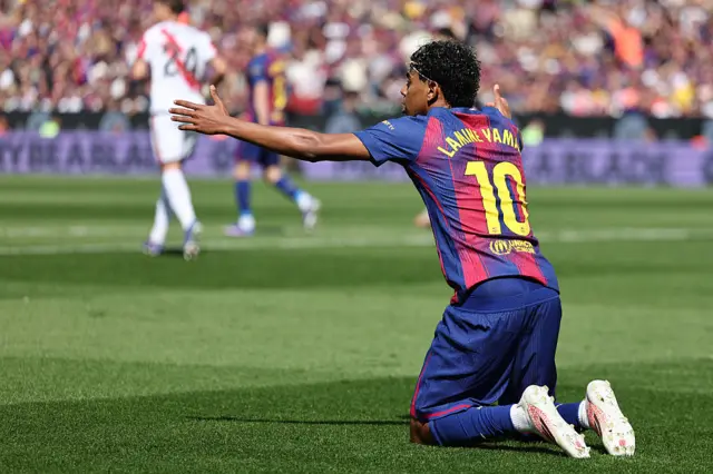 Barcelona's Spanish forward #10 Lamine Yamal reacts during the Spanish league football match between FC Barcelona and Rayo Vallecano