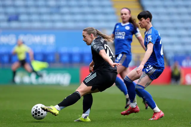 Shannon O'Brien of Leicester City Women in action with Anna Patten of Aston Villa Women