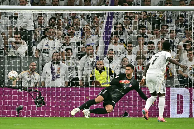 Real Madrid's Brazilian forward #07 Vinicius Junior scores