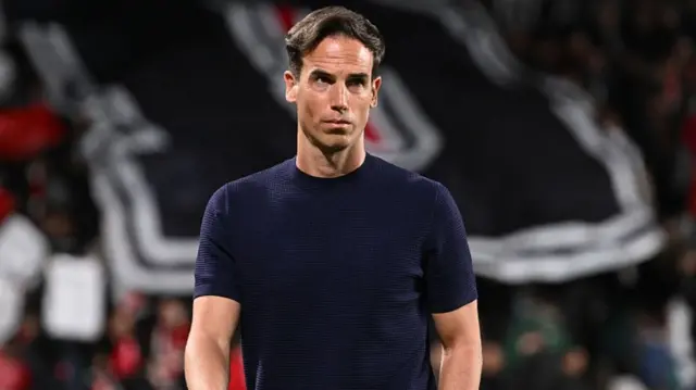 : Inigo Perez, Head Coach of Rayo Vallecano, looks on