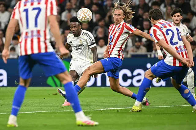 Real Madrid's Brazilian forward #07 Vinicius Junior (CL) shoots