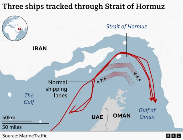 A BBC Verify graphic showing the courses of three ships seen crossing the Strait of Hormuz on Monday