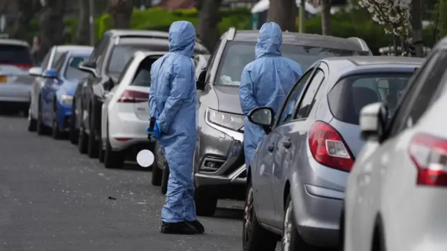Forensic team in blue suits stood by a row of cars.