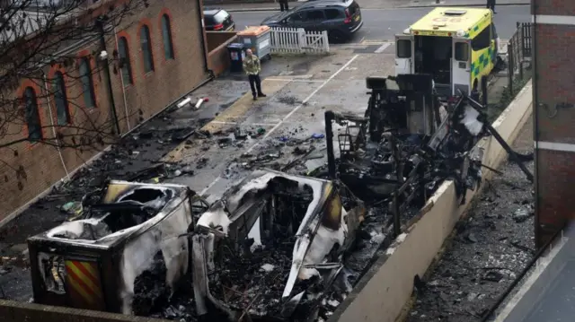 Burned out ambulances at scene