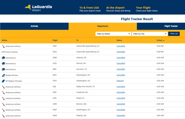 A screenshot of the airport's online departures board showing all flights cancelled or delayed.