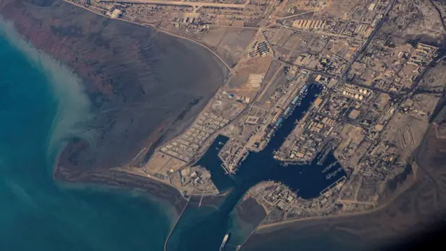 n aerial view of the Iranian shores and Port of Bandar Abbas in the strait of Hormuz.