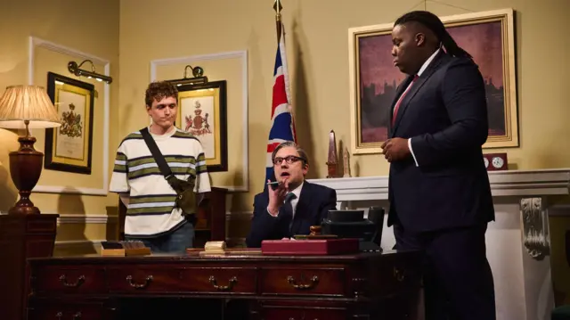 George Fouracres as Prime Minister Sir Keir Starmer and Hammed Animashaun as Deputy Prime Minister and Justice Secretary David Lammy during the first episode of Saturday Night Live UK