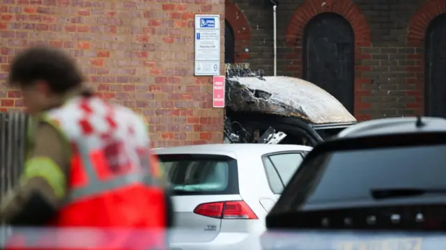 A burned ambulance seen in Golders Green this morning