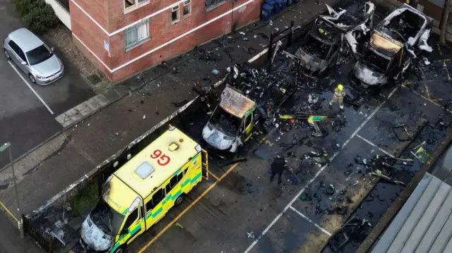 Aerial view of damaged ambulances