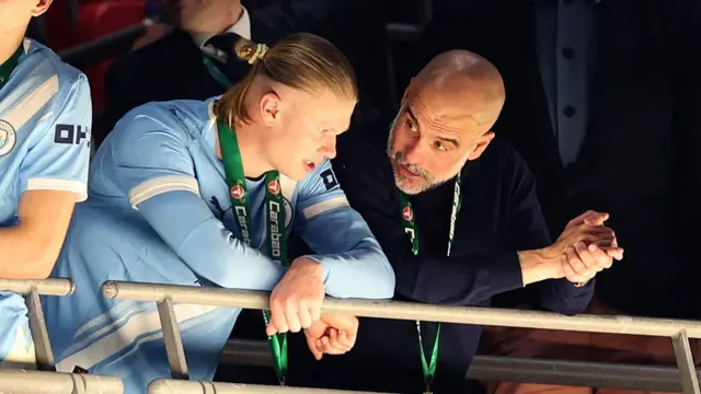Man City's Erling Haaland and Pep Guardiola