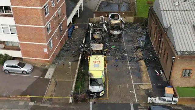 Four damaged ambulances at Highfield Road, Golders Green, London, after an apparent arson attack on the vehicles belonging to the Jewish Community Ambulance service in London