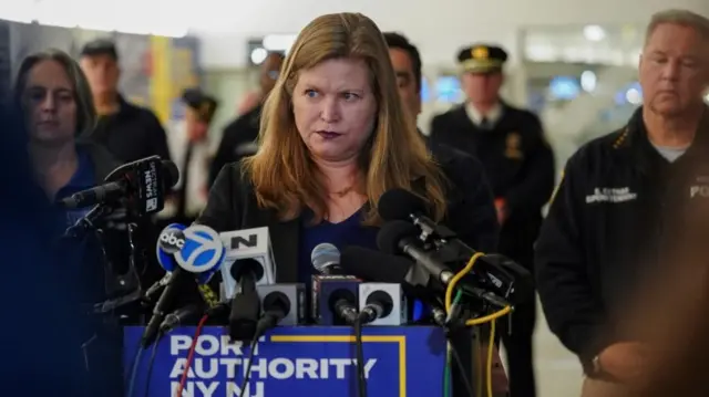 Kathryn Garcia stands at a podium saying Port Authority