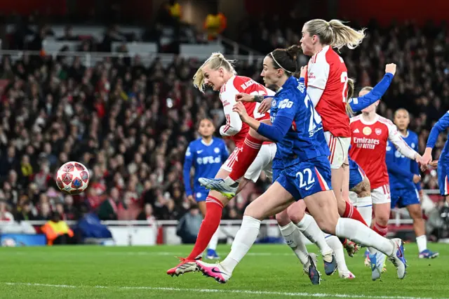 Stina Blackstenius heads Arsenal into the lead against Chelsea