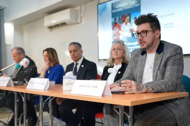 (Left to right): Neil Hudgell, Emma Webber, the mother of Barnaby Webber, Dr Sanjoy Kumar and Dr Sinead O'Malley, the parents of Grace O'Malley-Kumar and James Coates