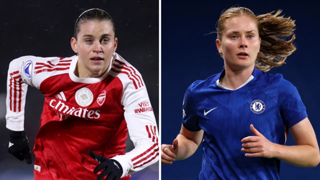 Arsenal 's Alessia Russo and Chelsea's Sjoeke Nusken
