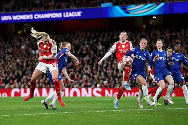 Stina Blackstenius heads Arsenal in front against Chelsea