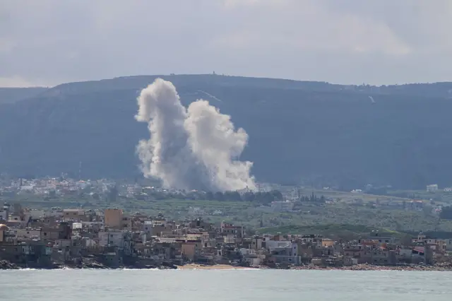 The southern city of Tyre, shows smoke rising from the site of an Israeli airstrike that targeted the southern Lebanese village of Hanniyeh,