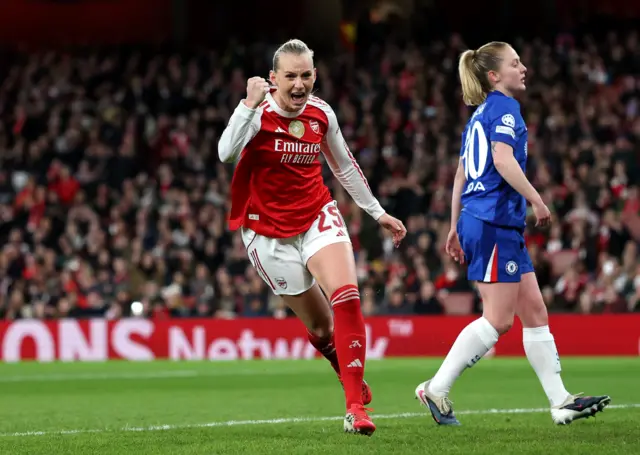 Stina Blackstenius celebrates giving Arsenal the lead against Chelsea