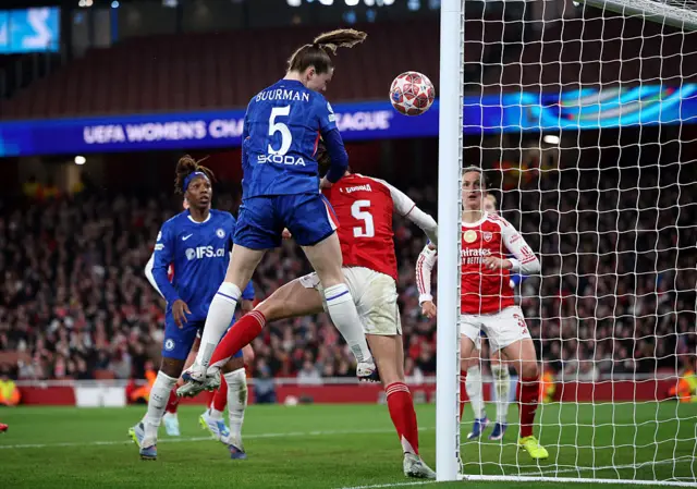 Veerle Buurman of Chelsea scores a goal which was later disallowed during the UEFA Women's Champions League 2025/26 Quarter-finals First Leg match between Arsenal and Chelsea at Arsenal Stadium