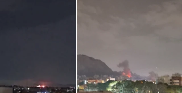 Two night-time images showing at least one explosion in Iran's Isfahan from two different angles