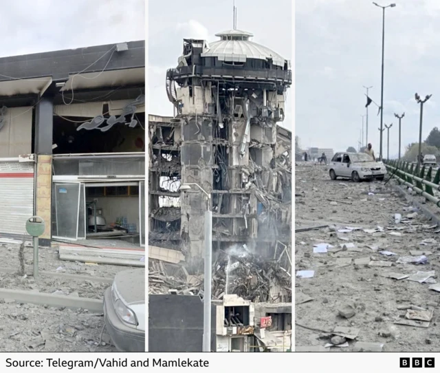 Three pictures showing damage to (left) shops and restaurants near the blast, (c) the damaged building and (r) papers strewn across an underpass