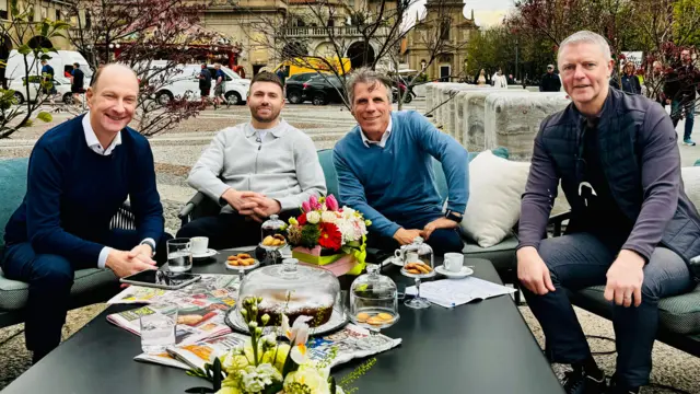 BBC Sport NI's Stephen Watson with Stuart Dallas, Gianfranco Zola and Stephen Craigan