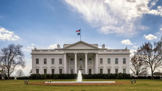 The North Portico of the White House is seen under a cloudy sky on March 9, 2025 in Washington, DC