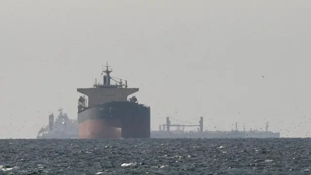 Cargo ships in the Gulf, near the Strait of Hormuz, as seen from northern Ras al-Khaimah