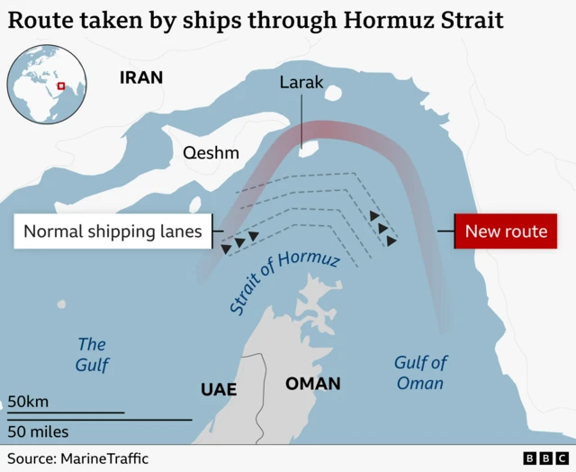 Route taken by Chinese-owned ship through the Strait of Hormuz, showing it sailing closer to the Iranian coast than the usual shipping lanes