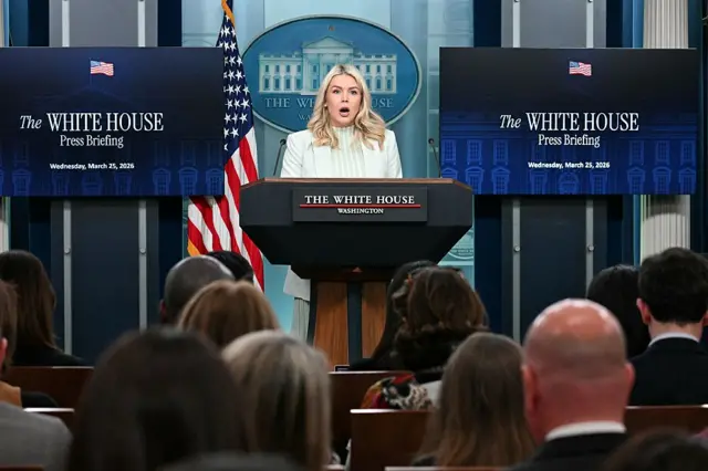 Press Secretary Karoline Leavitt speaks at the White House lectern